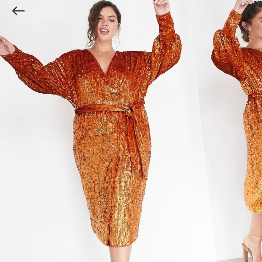 Sequin Wrap Midi Dress In Rust - image 2